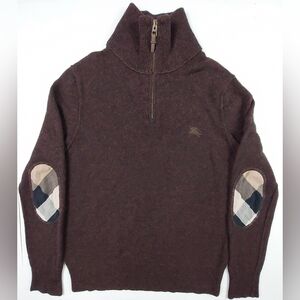 Burberry Brit 1/4 Zip Sweater Mens Medium Purple Nova Check Elbow Wool Cashmere